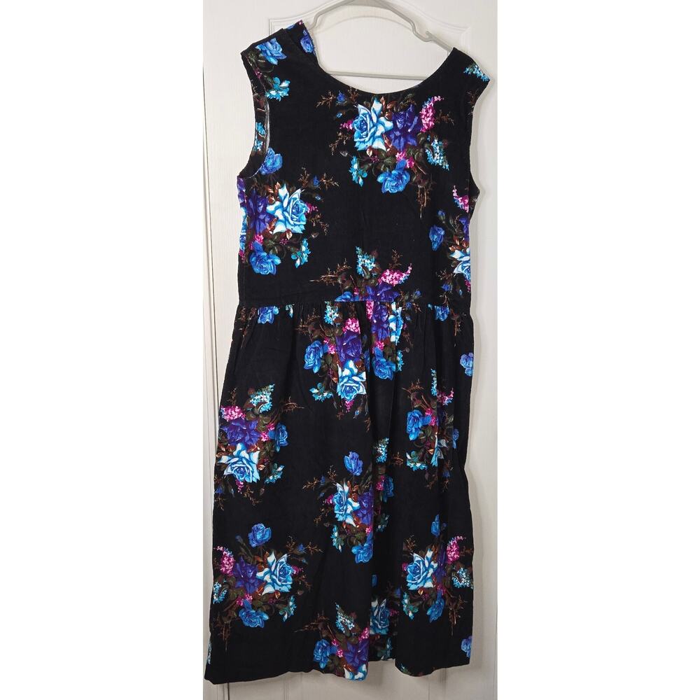 Gibran Corduroy Black Floral Maxi Dress Sleeveless Large 48" L x 42" W Vintage - Picture 2 of 9